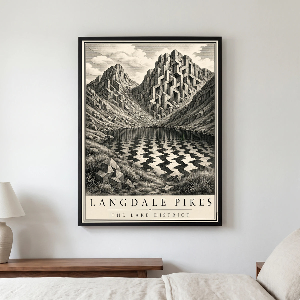 Langdale Pikes travel poster in a black frame, hanging in a bedroom3