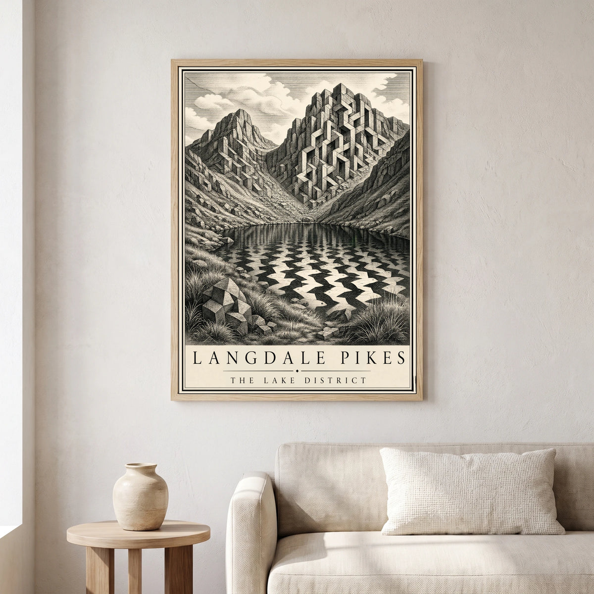 Langdale Pikes travel poster in a natural frame, hanging in a living