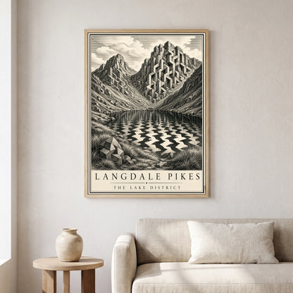Langdale Pikes travel poster in a natural frame, hanging in a living