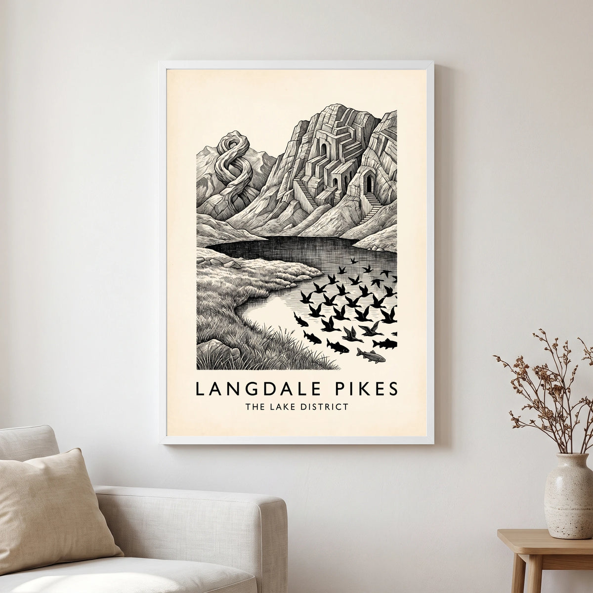 Langdale Pikes travel poster in a white frame, hanging in a living2