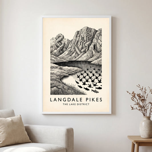 Langdale Pikes travel poster in a white frame, hanging in a living2