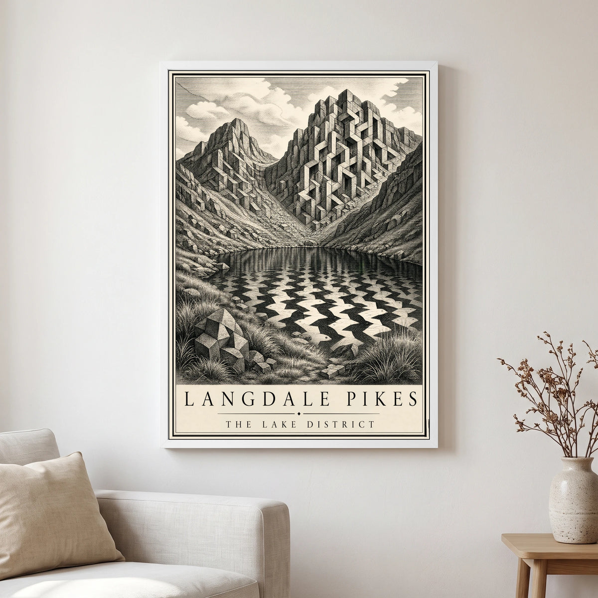 Langdale Pikes travel poster in a white frame, hanging in a living2