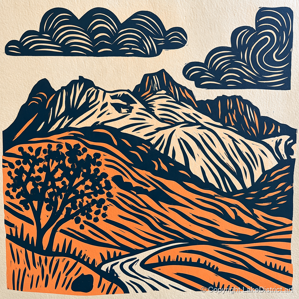 Langdale Pikes in Navy and Orange - lake district fell art print and canvas by Leon Baxter A.I