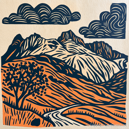 Langdale Pikes in Navy and Orange - lake district fell art print and canvas by Leon Baxter A.I