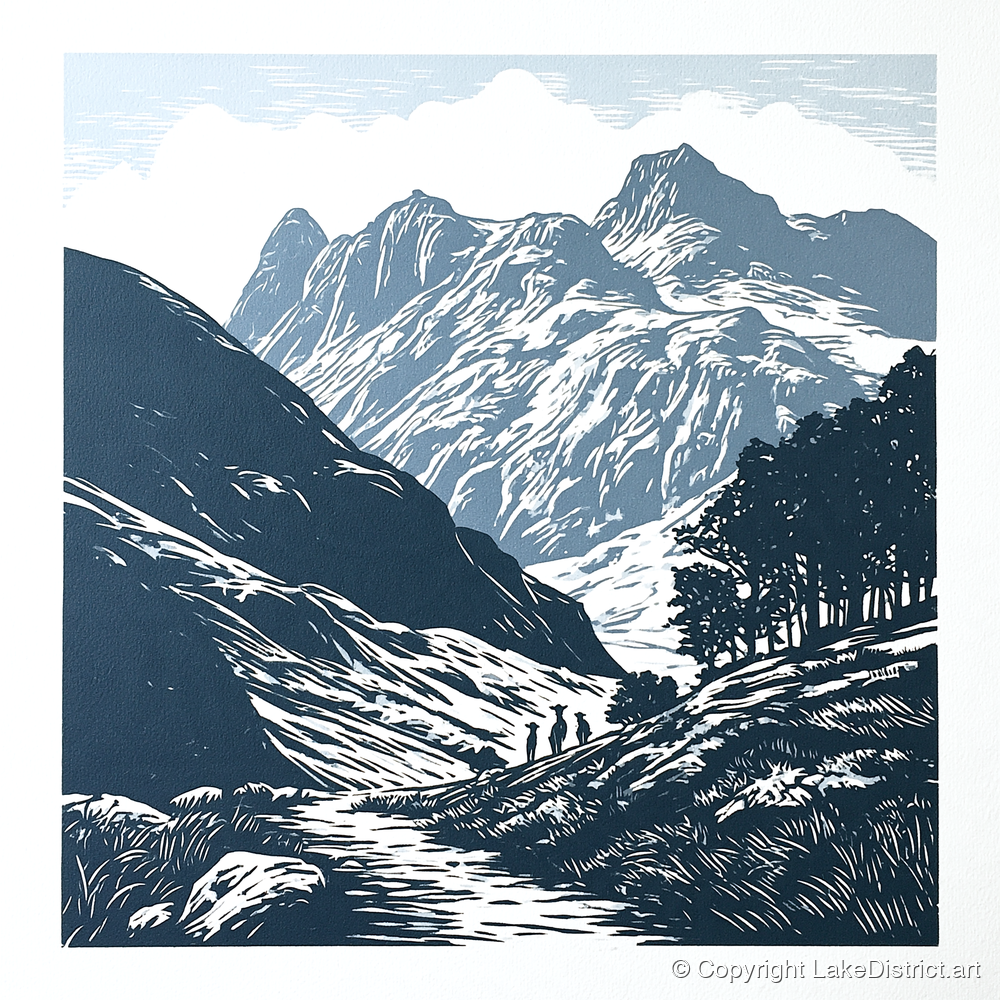 Langdale Pikes in Slate Blue - lake district fell art print and canvas by Alfred Morland A.I
