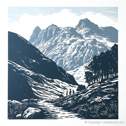 Langdale Pikes in Slate Blue - lake district fell art print and canvas by Alfred Morland A.I