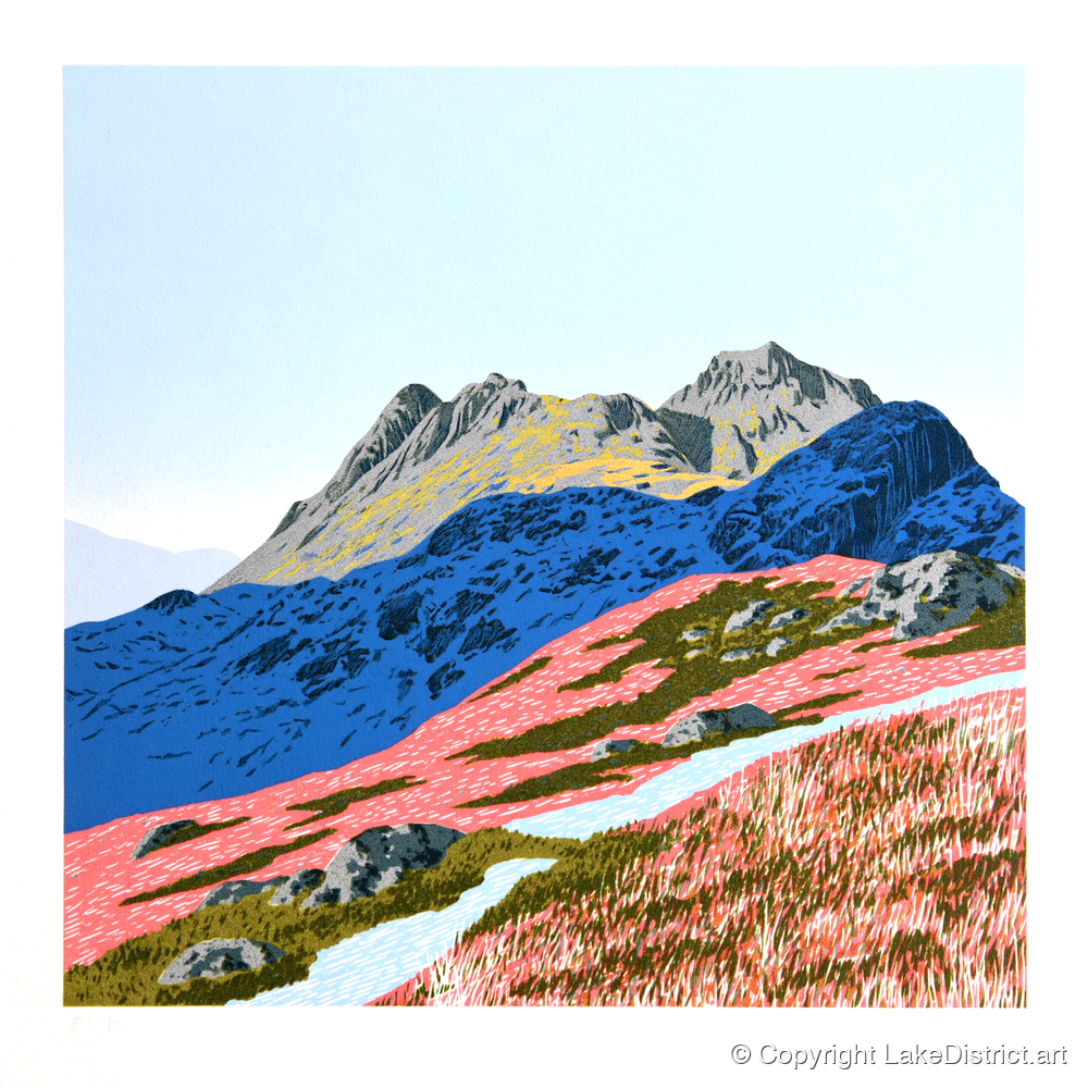Langdale Pikes in Vivid Coral - lake district fell art print and canvas by William Parrish A.I