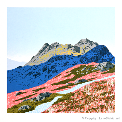 Langdale Pikes in Vivid Coral - lake district fell art print and canvas by William Parrish A.I