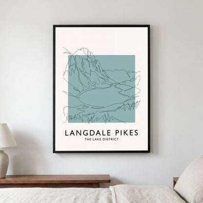 Langdale Pikes travel poster in a black frame, hanging in a bedroom3