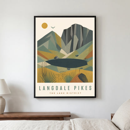 Langdale Pikes travel poster in a black frame, hanging in a bedroom3