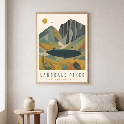 Langdale Pikes travel poster in a natural frame, hanging in a living