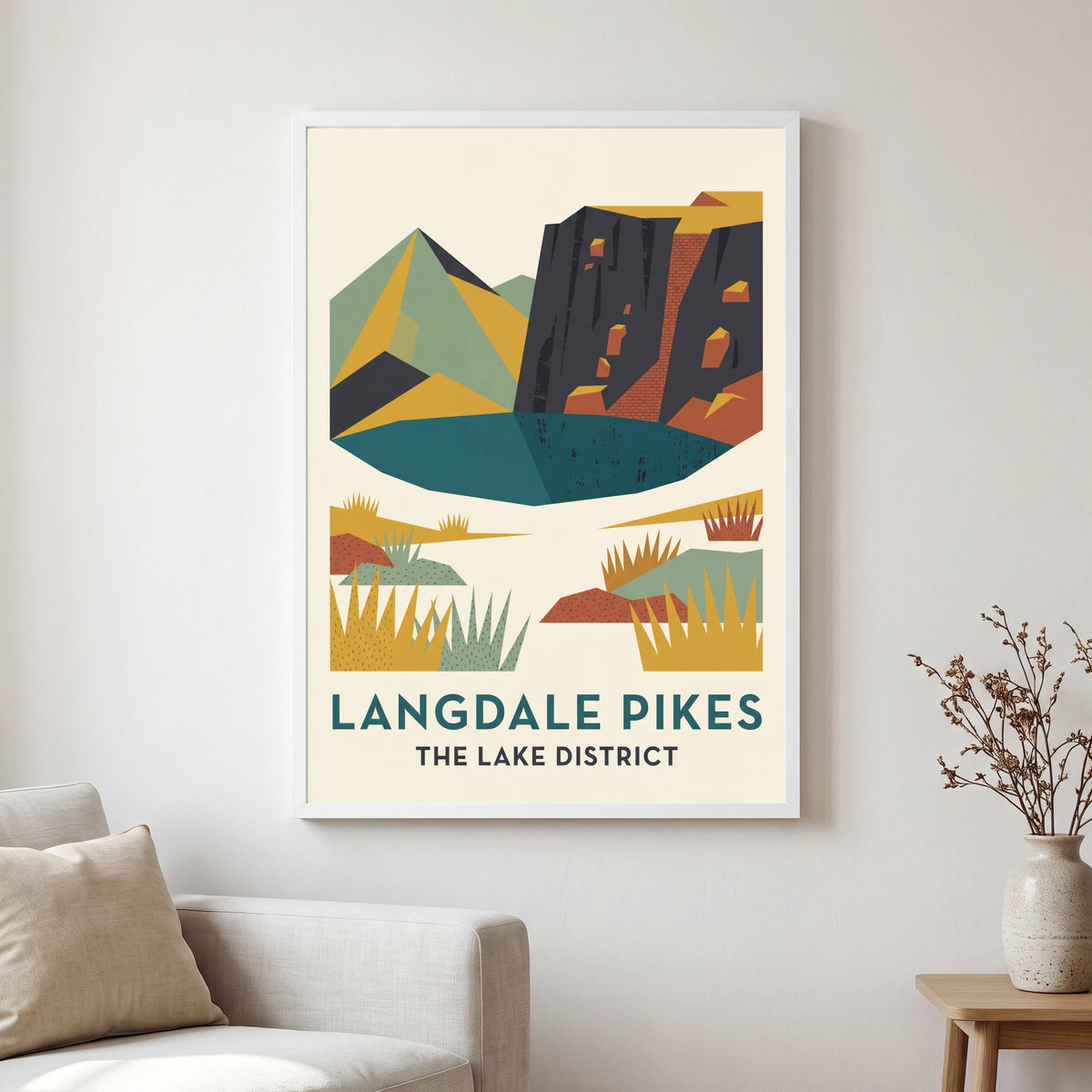 Langdale Pikes travel poster in a white frame, hanging in a living2