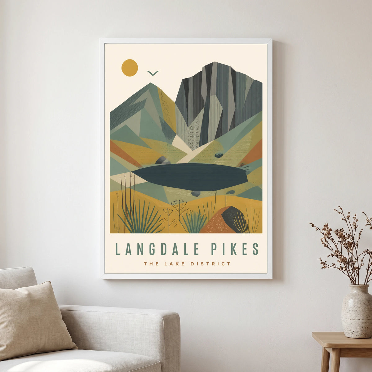 Langdale Pikes travel poster in a white frame, hanging in a living2