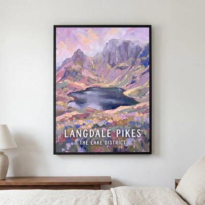Langdale Pikes travel poster in a black frame, hanging in a bedroom3