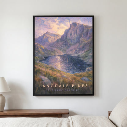 Langdale Pikes travel poster in a black frame, hanging in a bedroom3