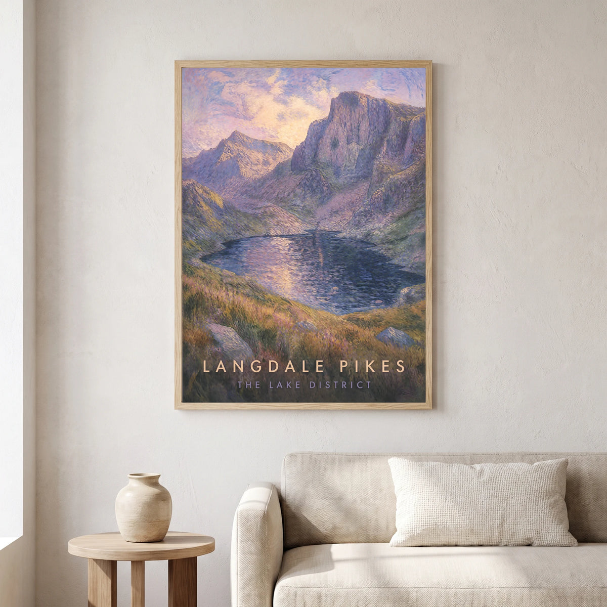 Langdale Pikes travel poster in a natural frame, hanging in a living