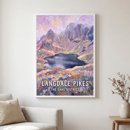 Langdale Pikes travel poster in a white frame, hanging in a living2