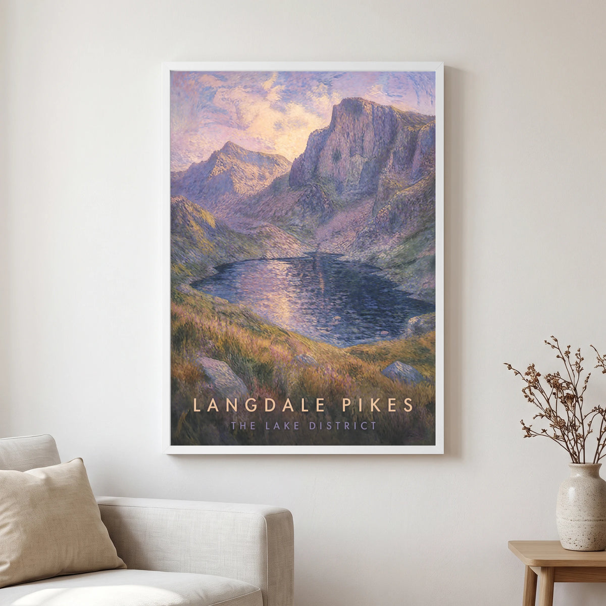 Langdale Pikes travel poster in a white frame, hanging in a living2