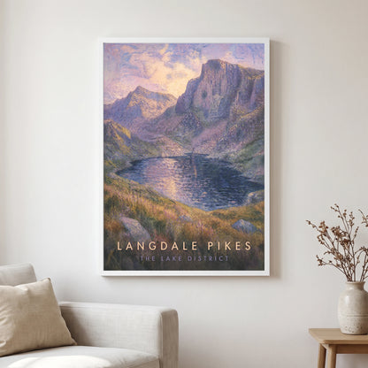 Langdale Pikes travel poster in a white frame, hanging in a living2