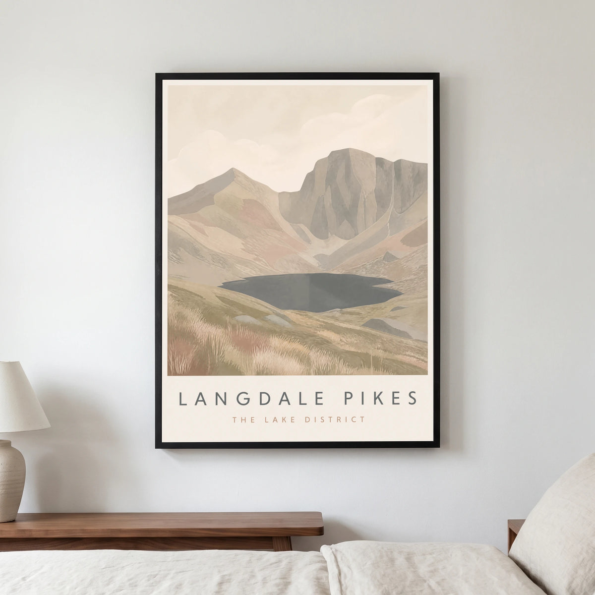 Langdale Pikes travel poster in a black frame, hanging in a bedroom3