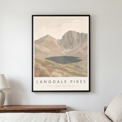 Langdale Pikes travel poster in a black frame, hanging in a bedroom3