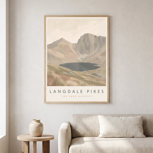 Langdale Pikes travel poster in a natural frame, hanging in a living