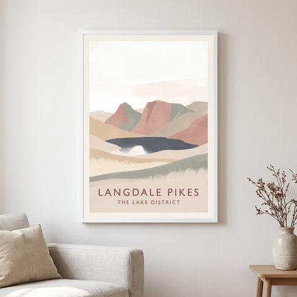 Langdale Pikes travel poster in a white frame, hanging in a living2