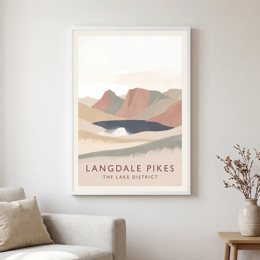 Langdale Pikes travel poster in a white frame, hanging in a living2