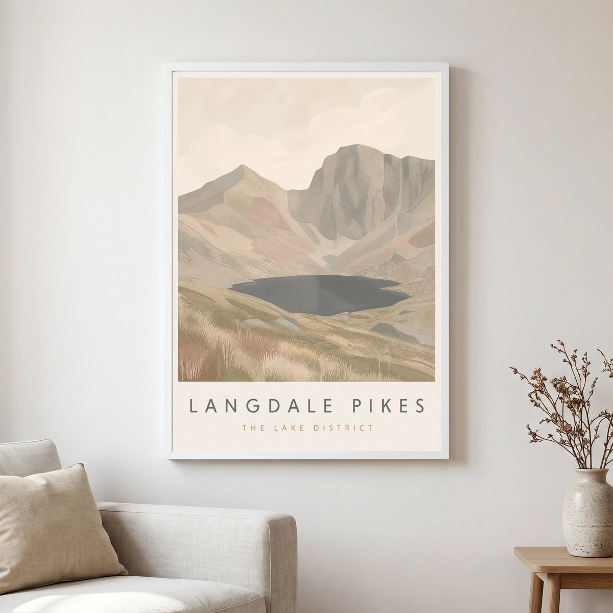 Langdale Pikes travel poster in a white frame, hanging in a living2