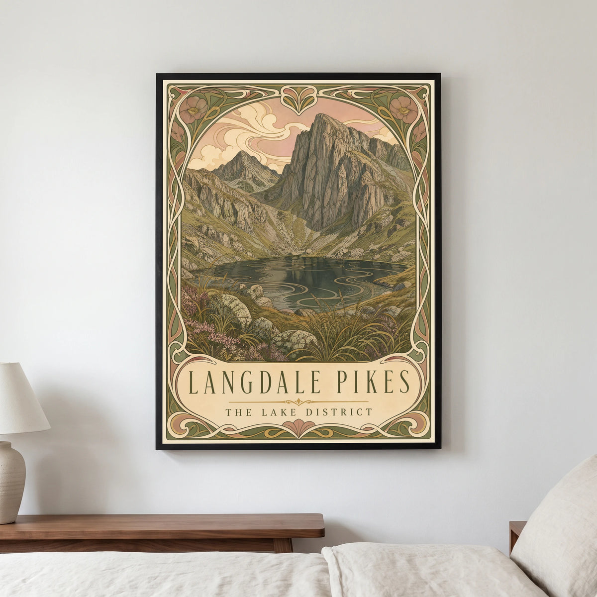Langdale Pikes travel poster in a black frame, hanging in a bedroom3