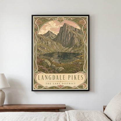 Langdale Pikes travel poster in a black frame, hanging in a bedroom3