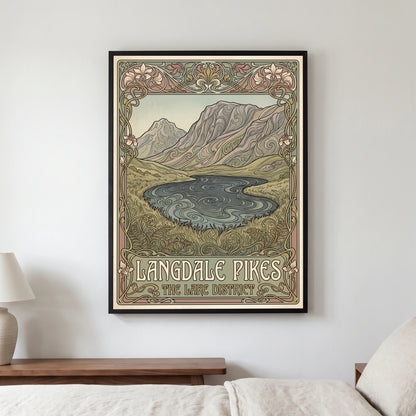 Langdale Pikes travel poster in a black frame, hanging in a bedroom3