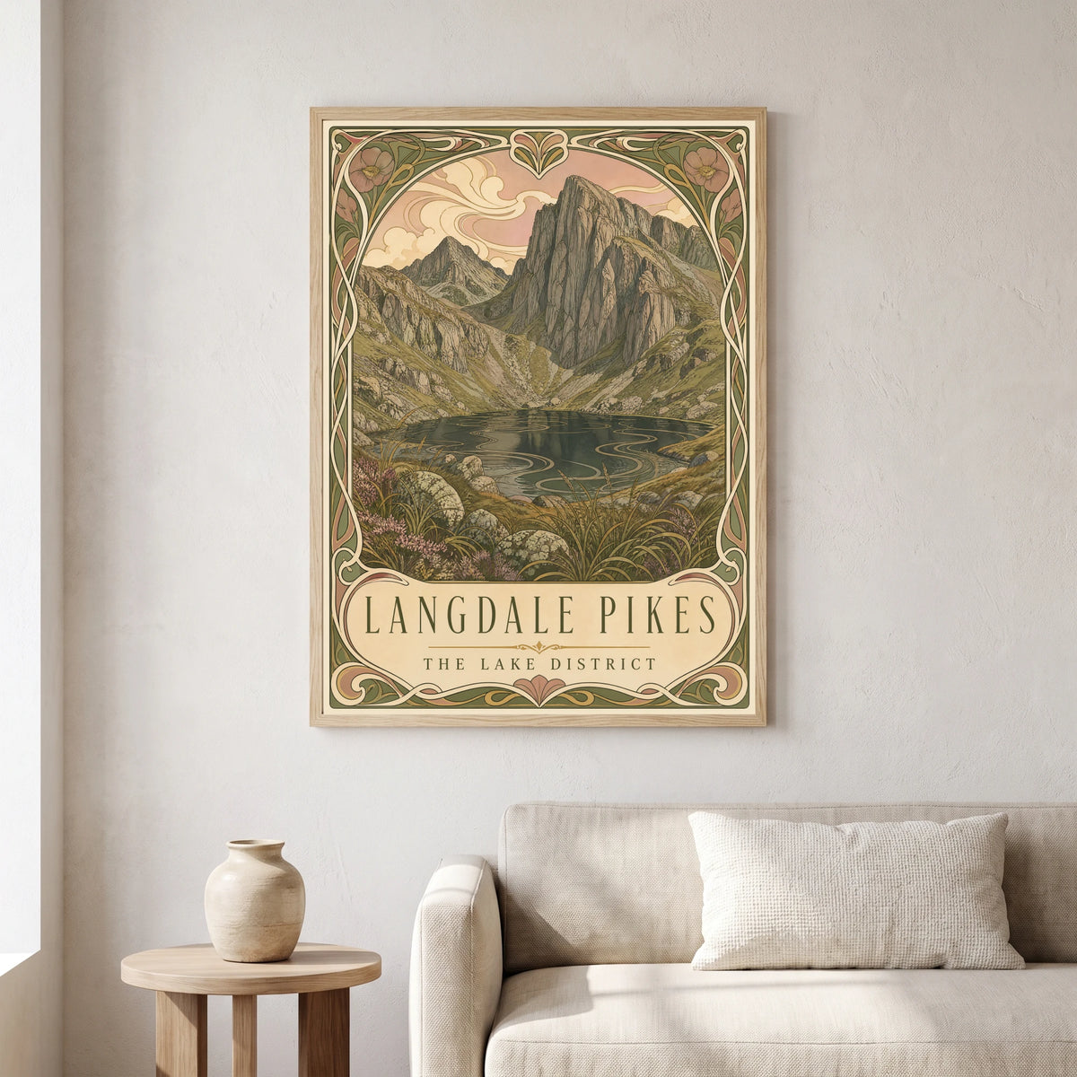 Langdale Pikes travel poster in a natural frame, hanging in a living
