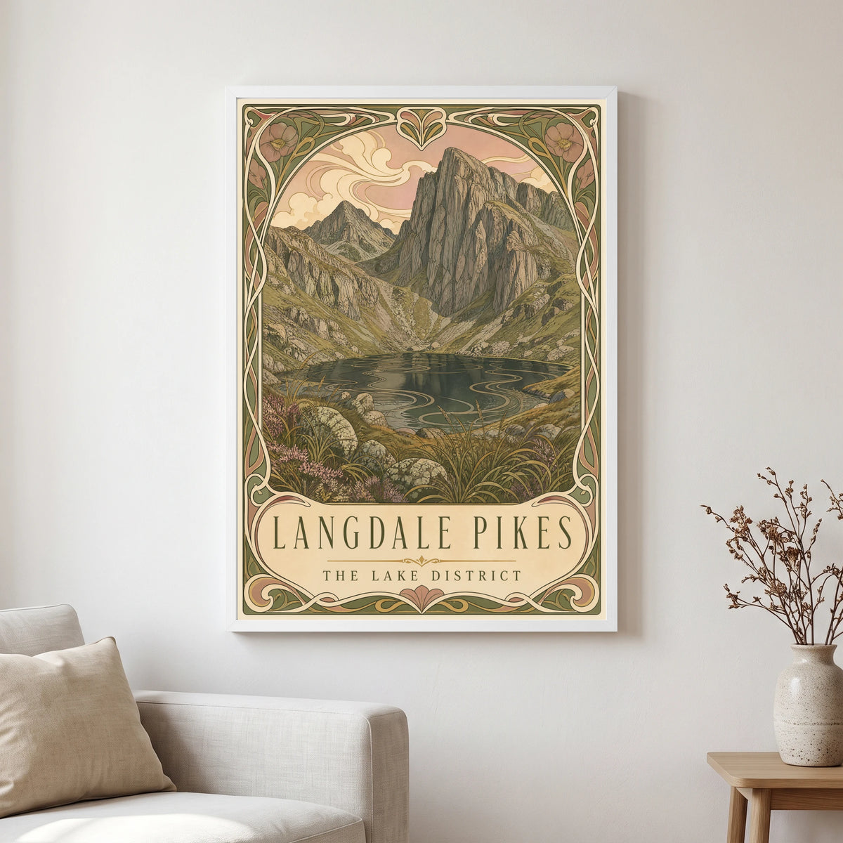 Langdale Pikes travel poster in a white frame, hanging in a living2