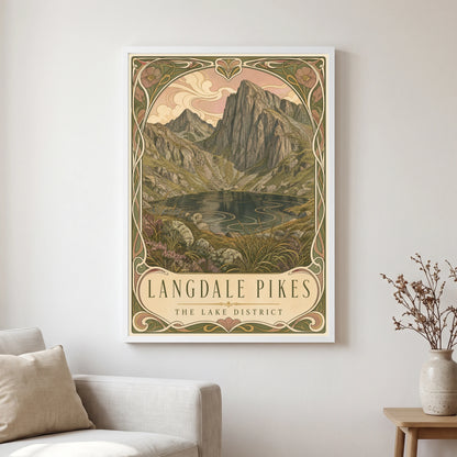 Langdale Pikes travel poster in a white frame, hanging in a living2