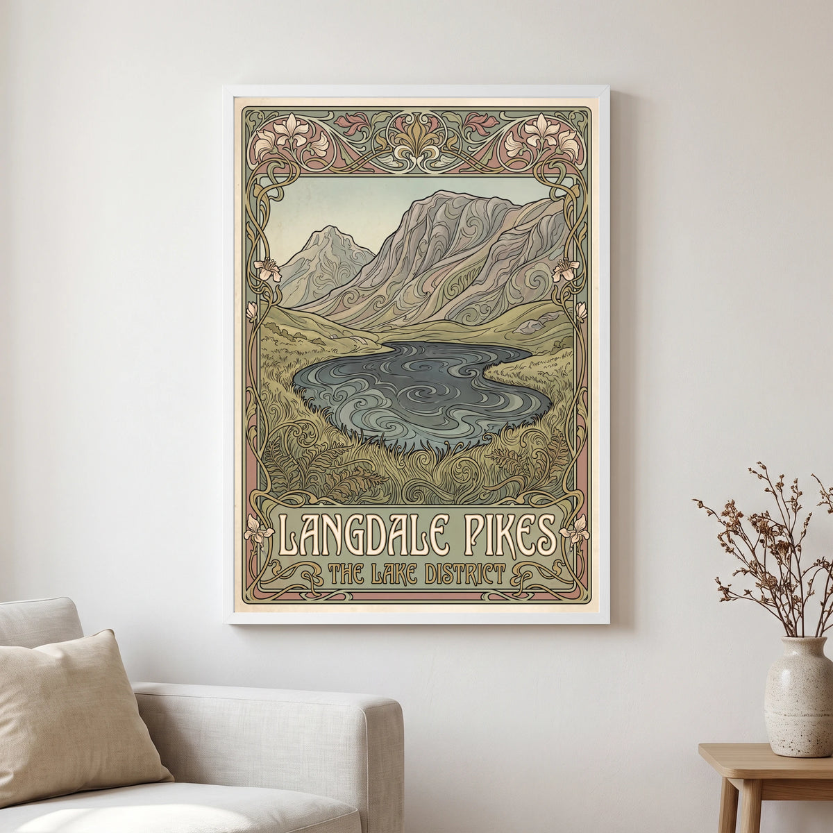 Langdale Pikes travel poster in a white frame, hanging in a living2