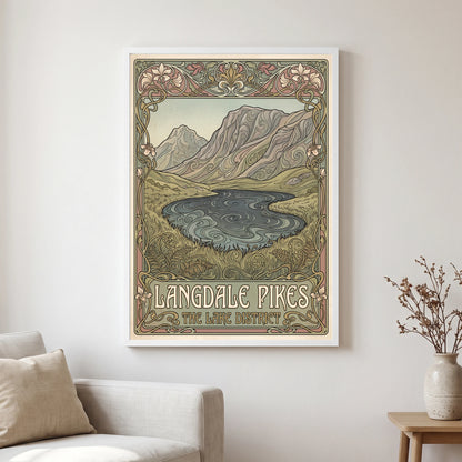 Langdale Pikes travel poster in a white frame, hanging in a living2