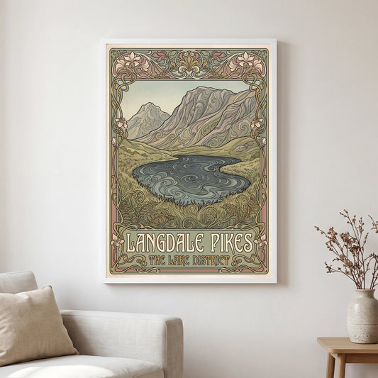 Langdale Pikes travel poster in a white frame, hanging in a living2