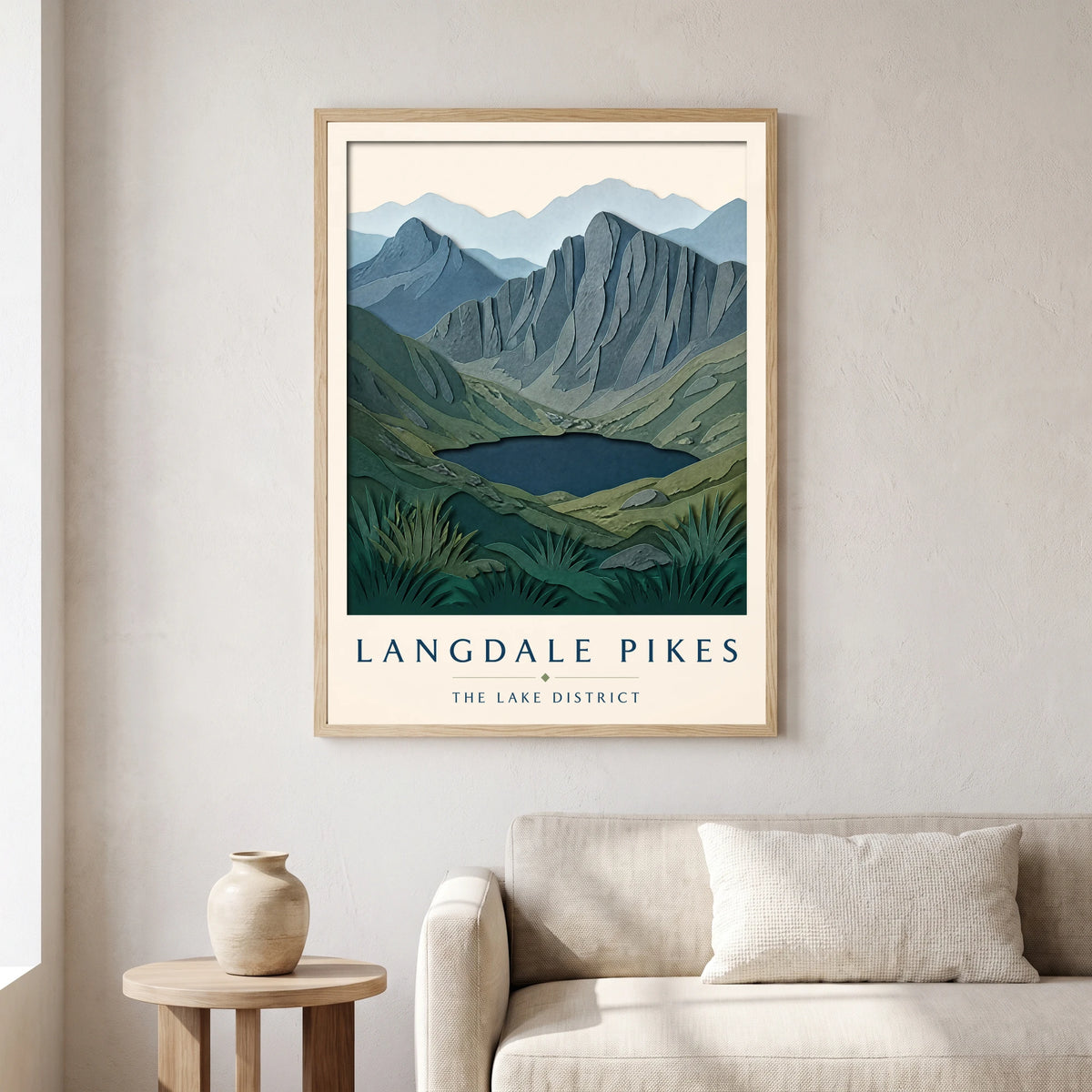 Langdale Pikes travel poster in a natural frame, hanging in a living