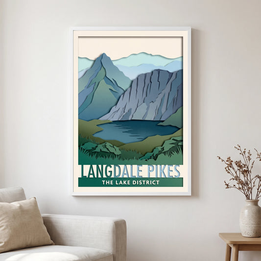 Langdale Pikes travel poster in a white frame, hanging in a living2