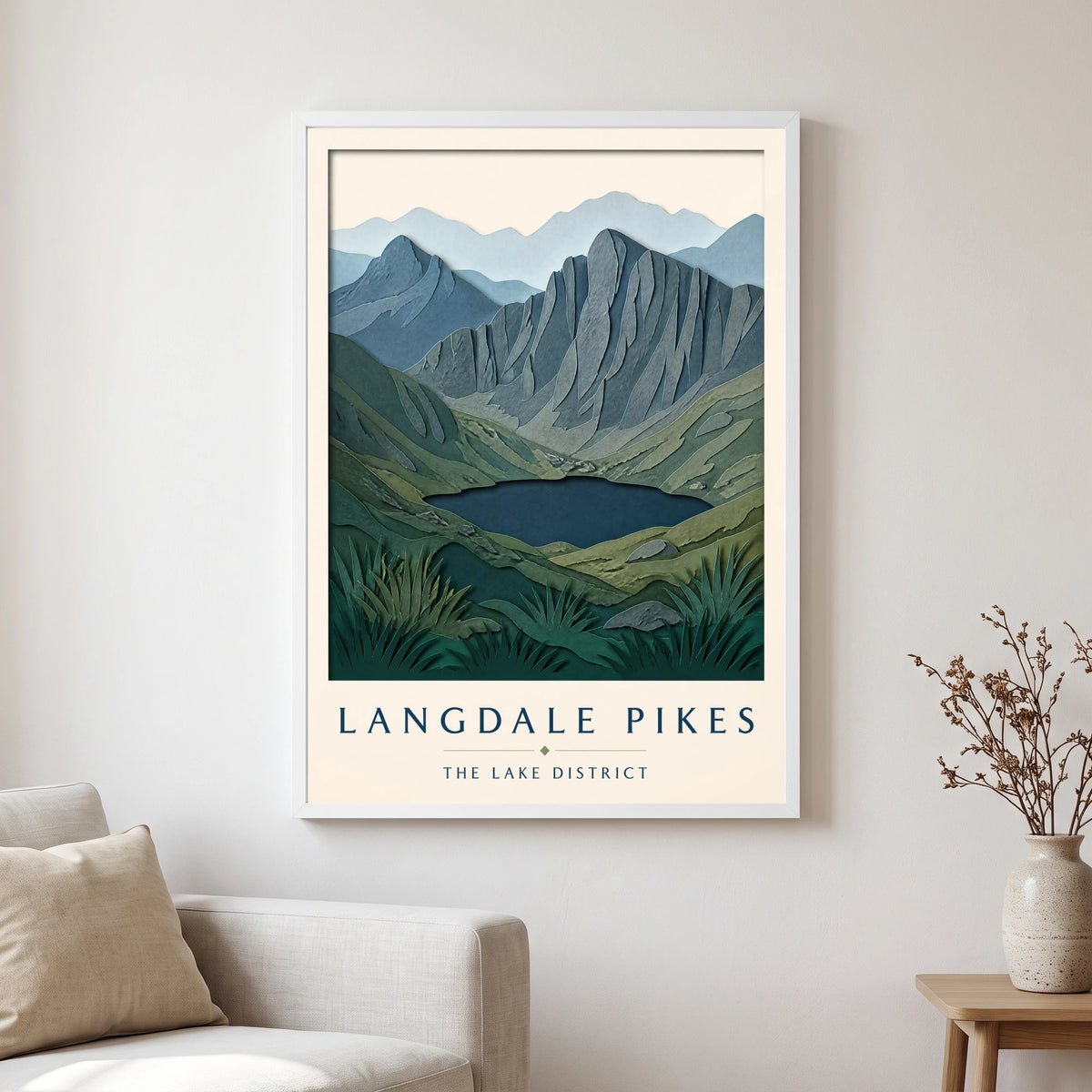 Langdale Pikes travel poster in a white frame, hanging in a living2
