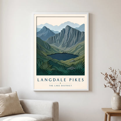 Langdale Pikes travel poster in a white frame, hanging in a living2