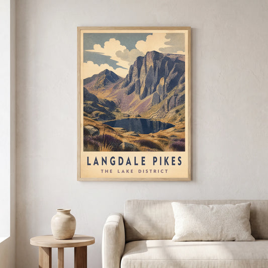Langdale Pikes travel poster in a natural frame, hanging in a living