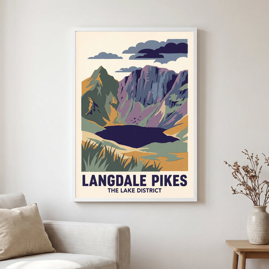 Langdale Pikes travel poster in a white frame, hanging in a living2
