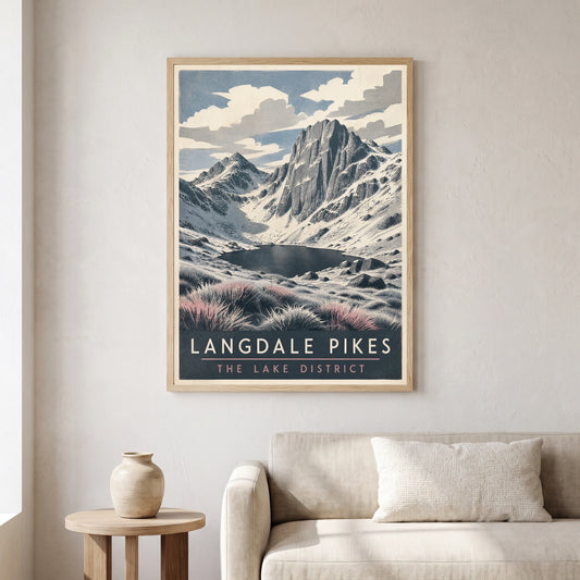 Langdale Pikes travel poster in a natural frame, hanging in a living