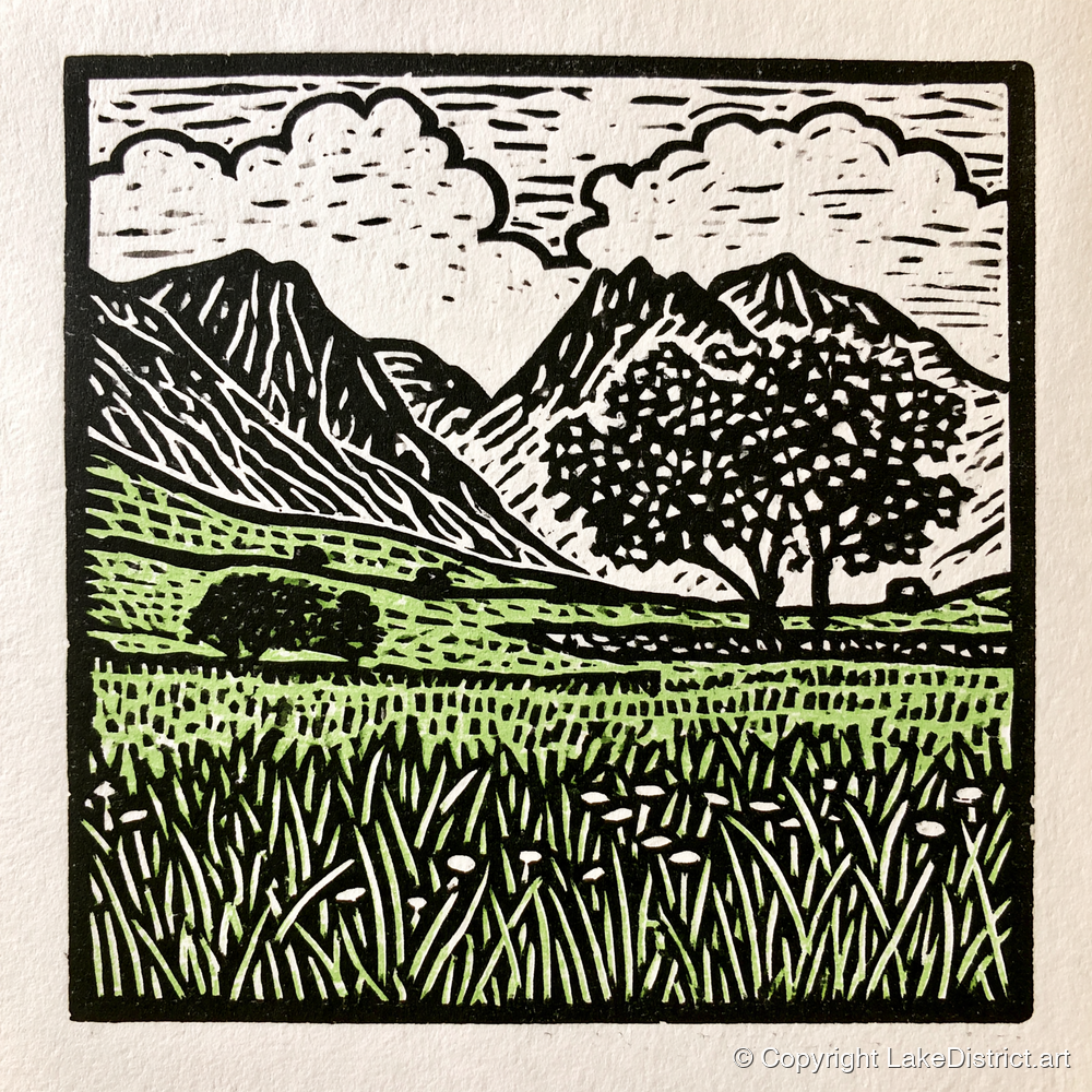 Langdale Pikes Spring Meadow - lake district fell art print and canvas by Isaac Denton A.I