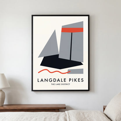 Langdale Pikes travel poster in a black frame, hanging in a bedroom3