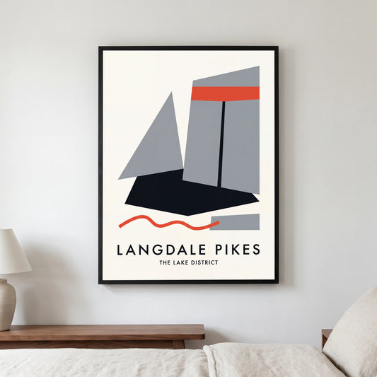 Langdale Pikes travel poster in a black frame, hanging in a bedroom3
