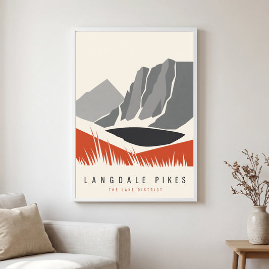 Langdale Pikes travel poster in a white frame, hanging in a living2
