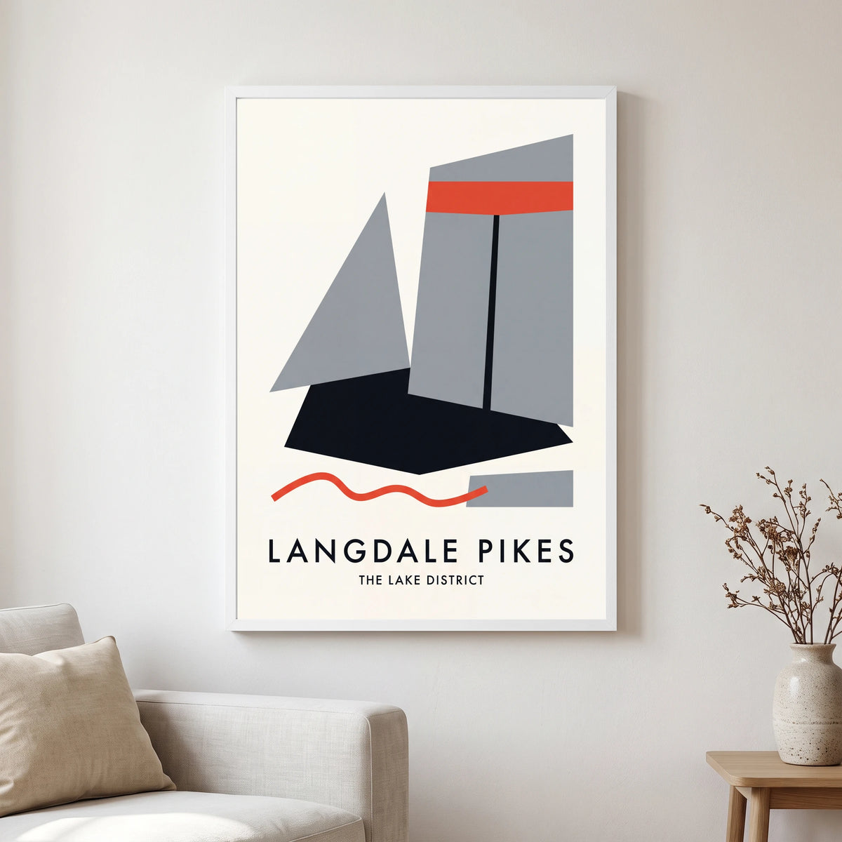 Langdale Pikes travel poster in a white frame, hanging in a living2